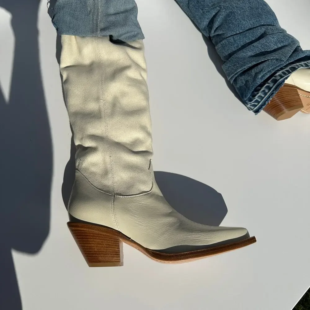 R13 Mid Cowboy Boots with Denim Sleeve Shaft Indigo Blue Ivory Size 38 NIB $1395 - Picture 8 of 16